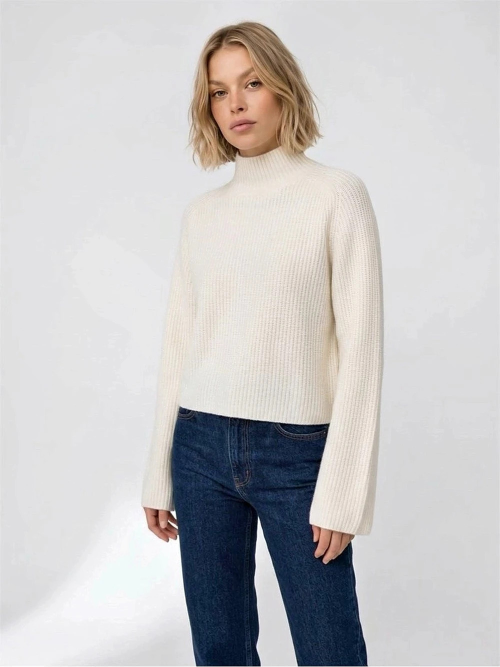 GAP CashSoft Shaker-Stitch Turtleneck Sweater Cream Small
